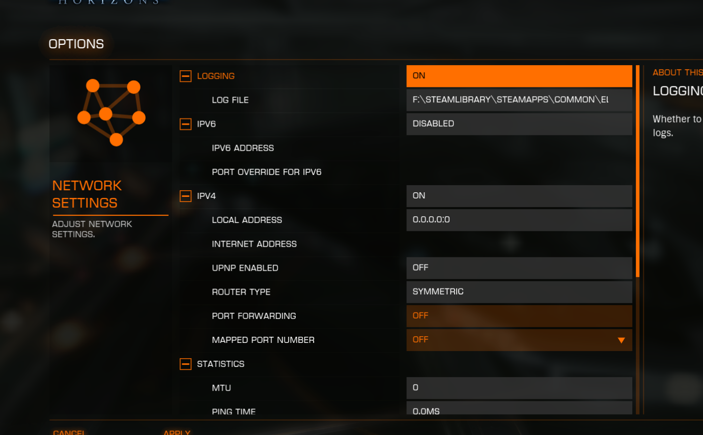 Settings menu - Elite: Dangerous